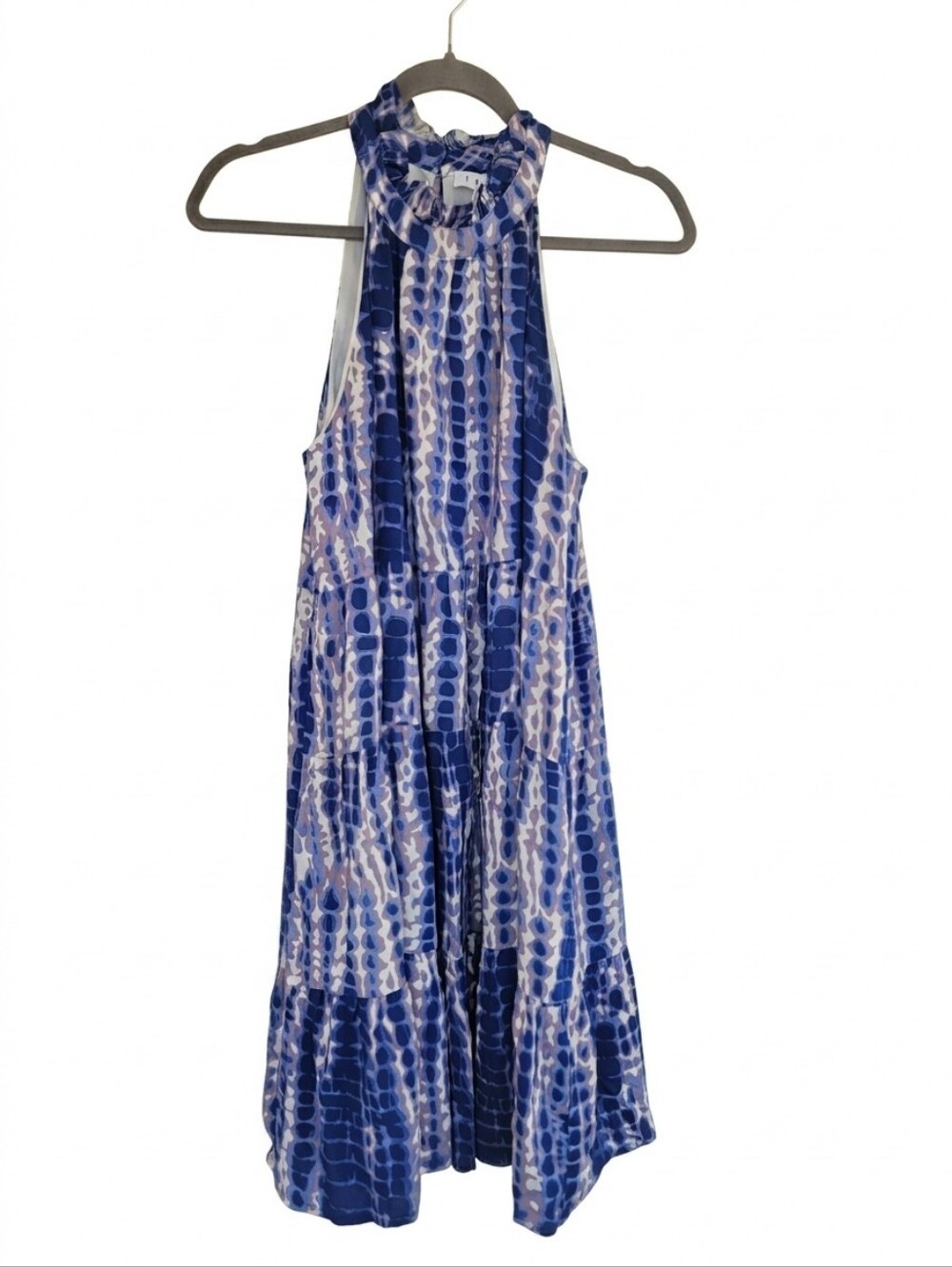 THML Tiered Halter Dress Womens M Ruffle Neck Blue Purple Abstract Resortwear